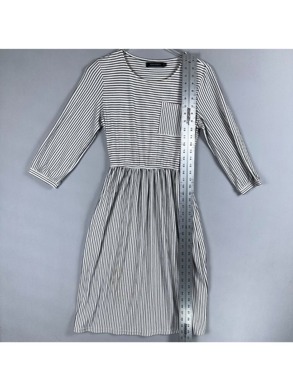 Merokeety Dress Size Small Black White Striped Midi 3/4 Sleeves Chest Pocket - Picture 7 of 12
